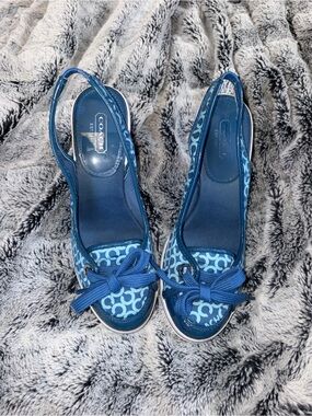 Coach Blue Emilanna Canvas Slingback Wedges